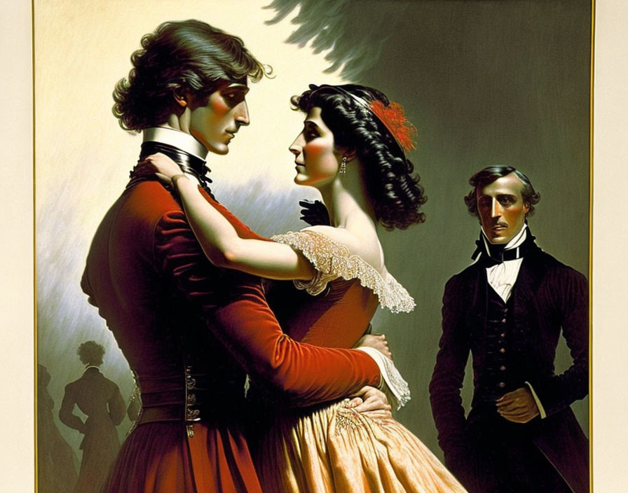 Historical illustration: Man in red jacket embraces woman in orange dress, watched by man in black.