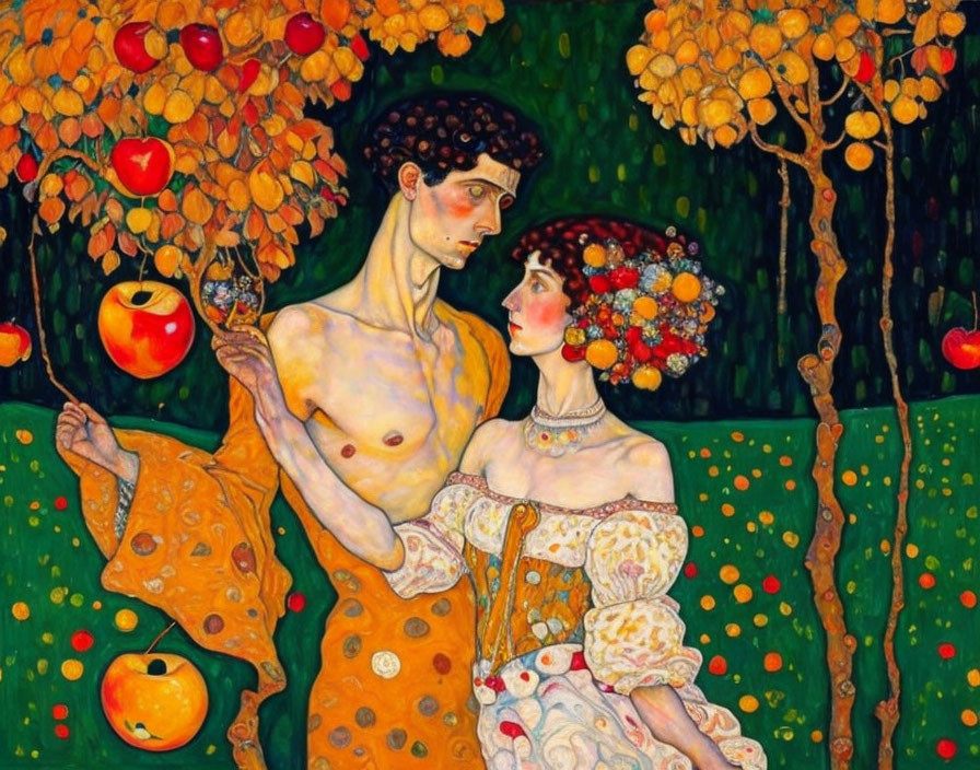 Colorful painting of man and woman in fruit orchard with floral patterns