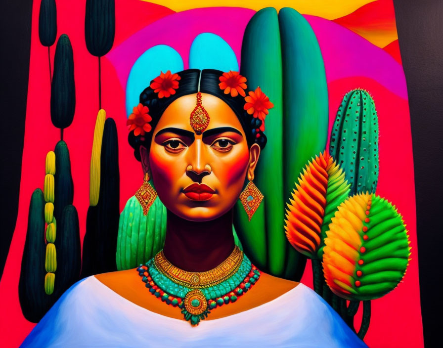 Vibrant portrait of woman with traditional headpiece among cacti