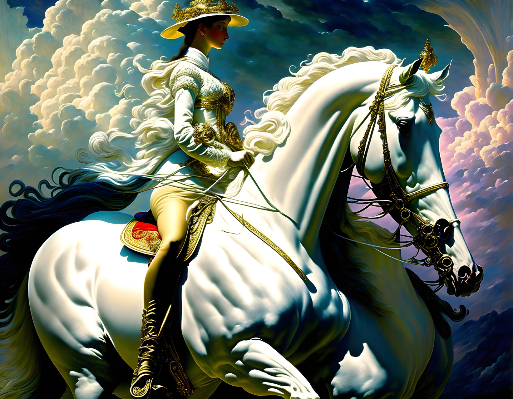 Vintage outfit rider on majestic white unicorn under dramatic sky