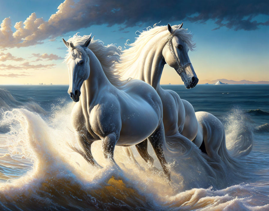 Majestic white horses galloping through ocean waves at sunset