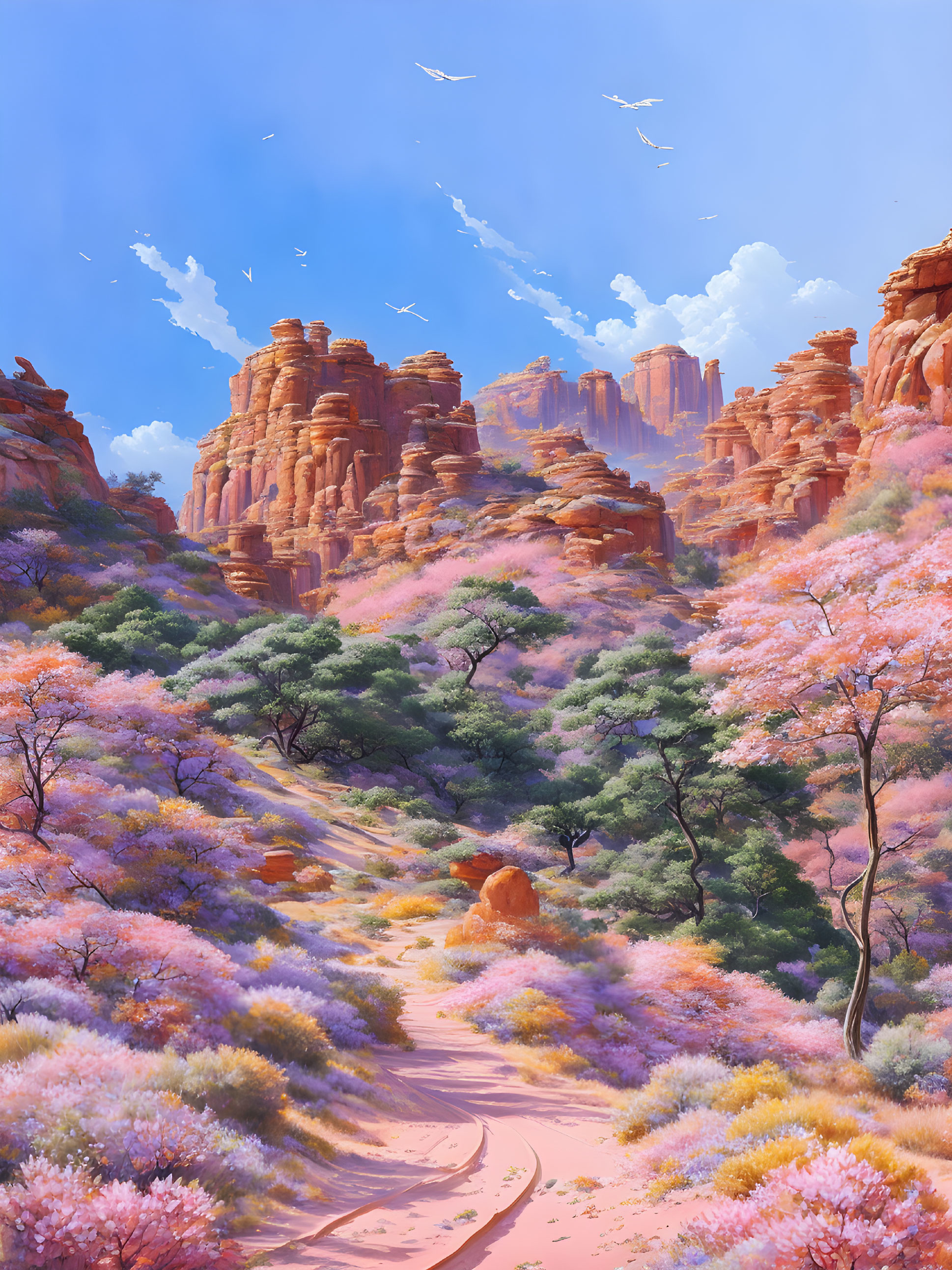 Vibrant Desert Landscape with Pink Trees and Rock Formations