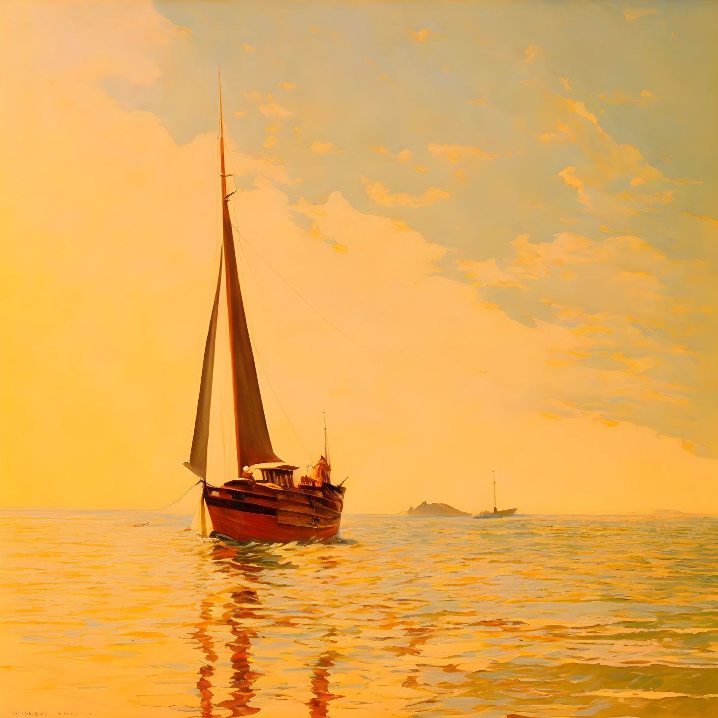 Tranquil seascape with sailboat on calm waters under golden sky