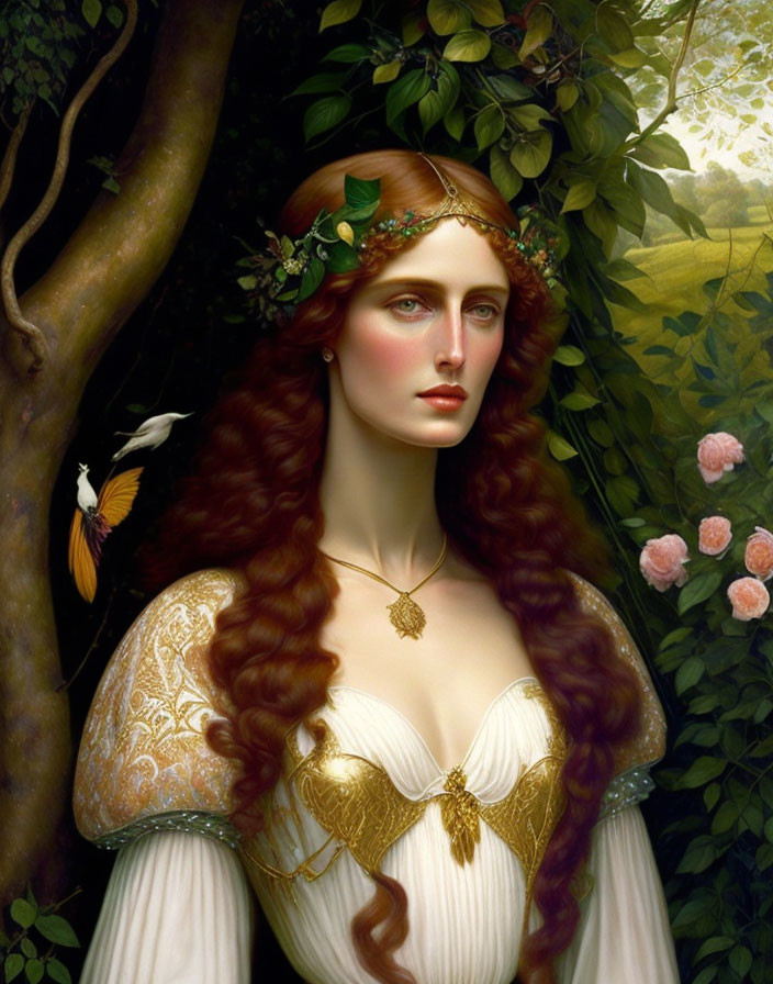 Portrait of Woman with Long Red Hair and Gold Crown in Forest Setting