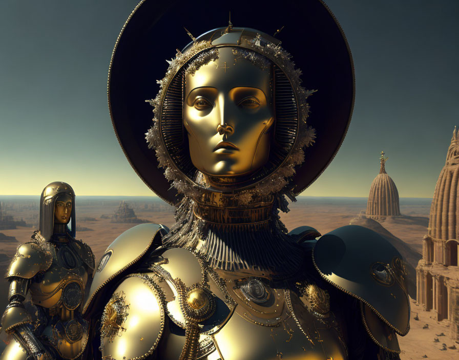 Detailed Golden Humanoid Robot in Desert Landscape with Architectural Domes