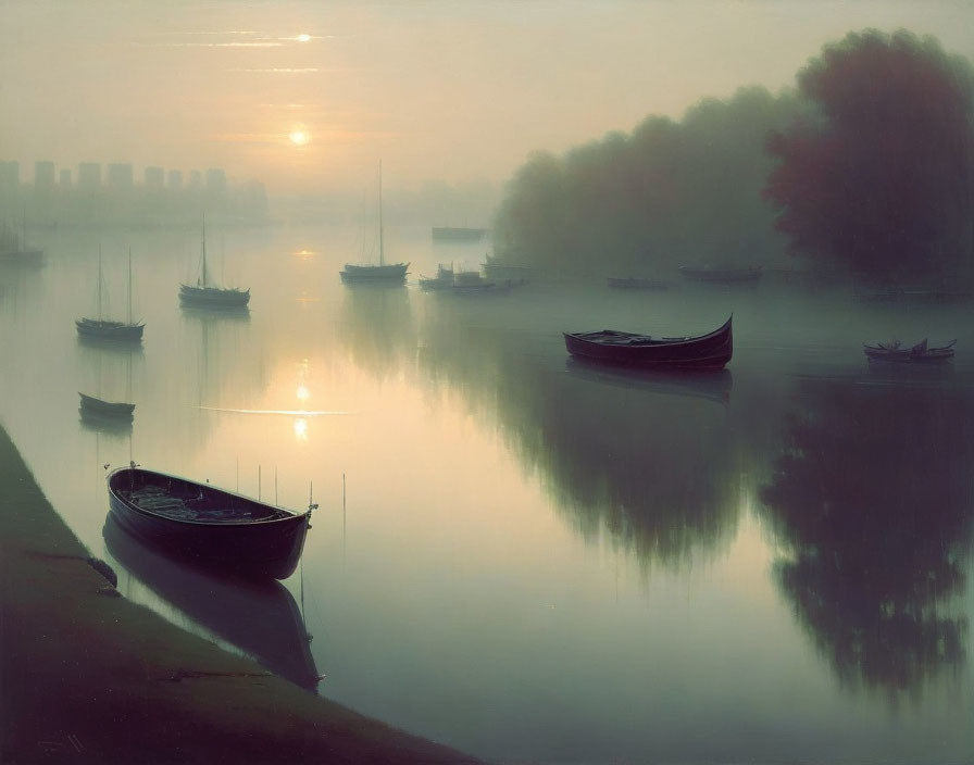 Tranquil riverscape at sunrise with misty atmosphere and boats reflecting on calm water