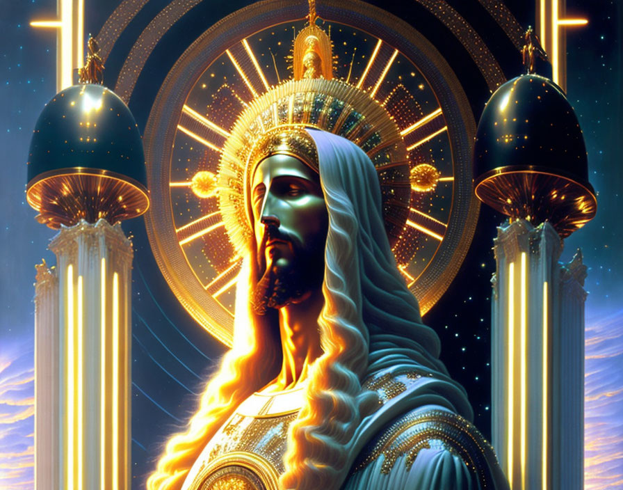 Stylized figure with long hair and beard in golden light against starry sky.