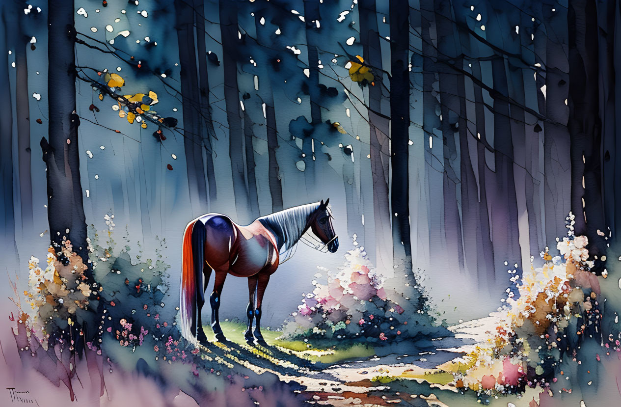 Pensive horse in vibrant forest setting with floating light spots