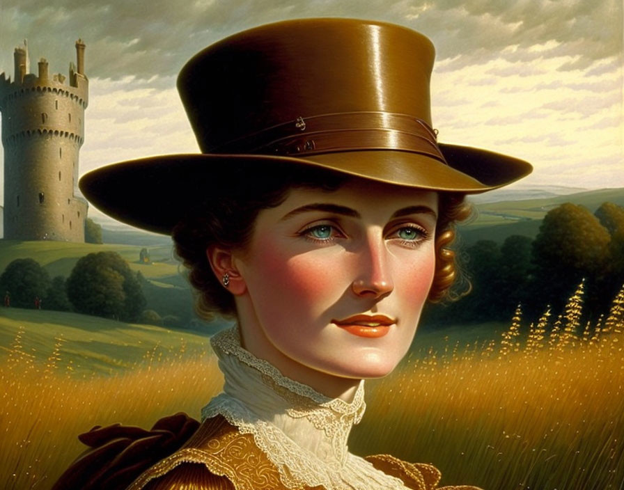 Vintage portrait of woman in top hat with castle and hills