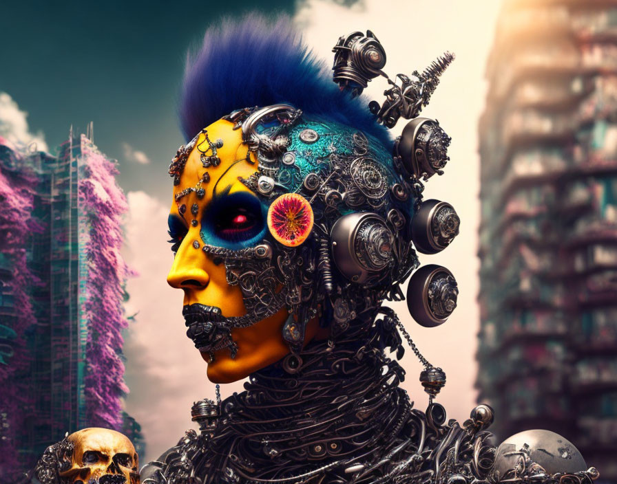 Colorful Cyberpunk Portrait with Human-Mechanical Fusion in Urban Dystopian Setting