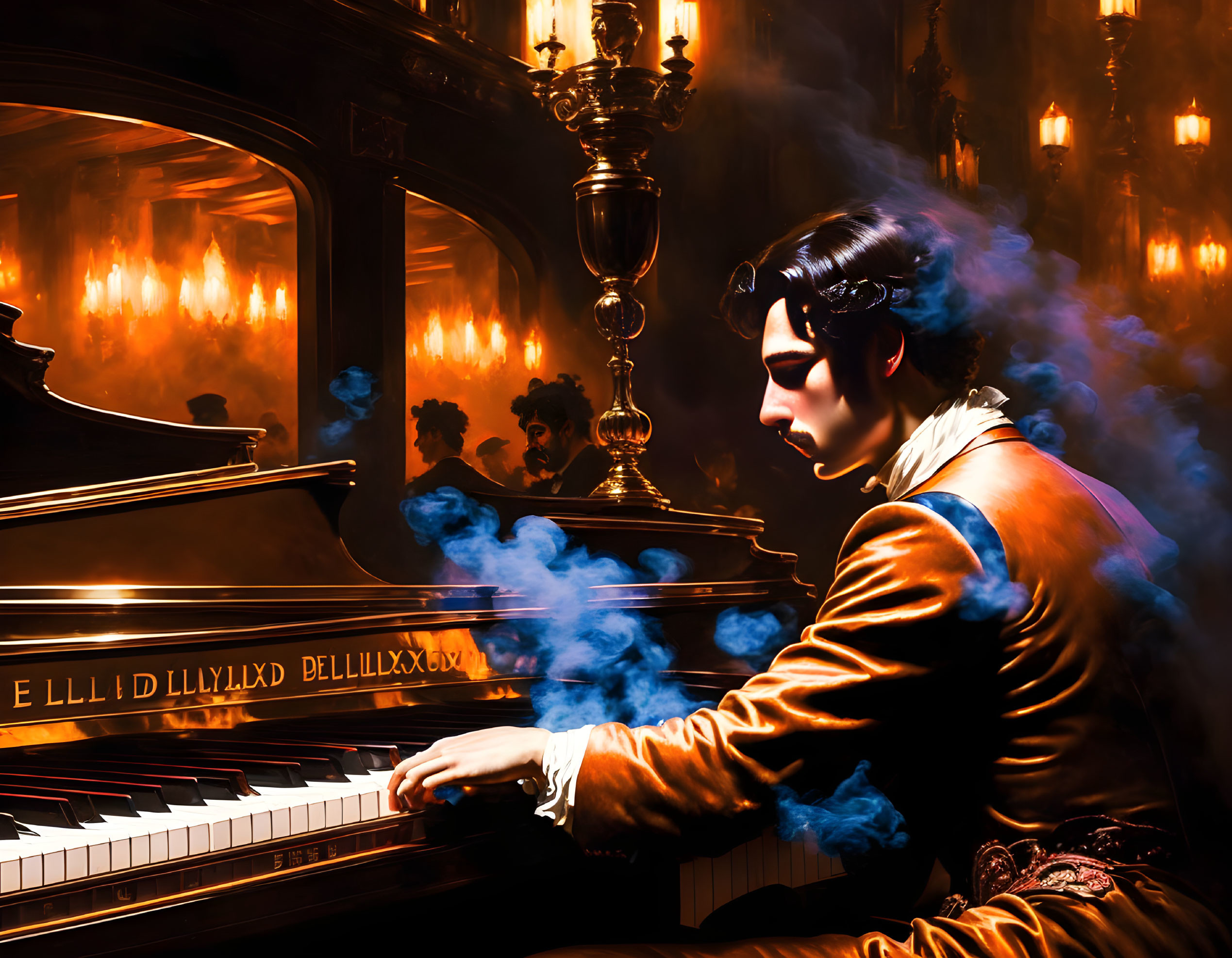 Victorian-themed pianist in candlelit room with swirling blue smoke