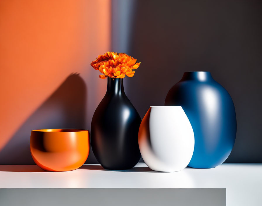 Modern vases in orange, black, and white on a table with gray and orange backdrop.