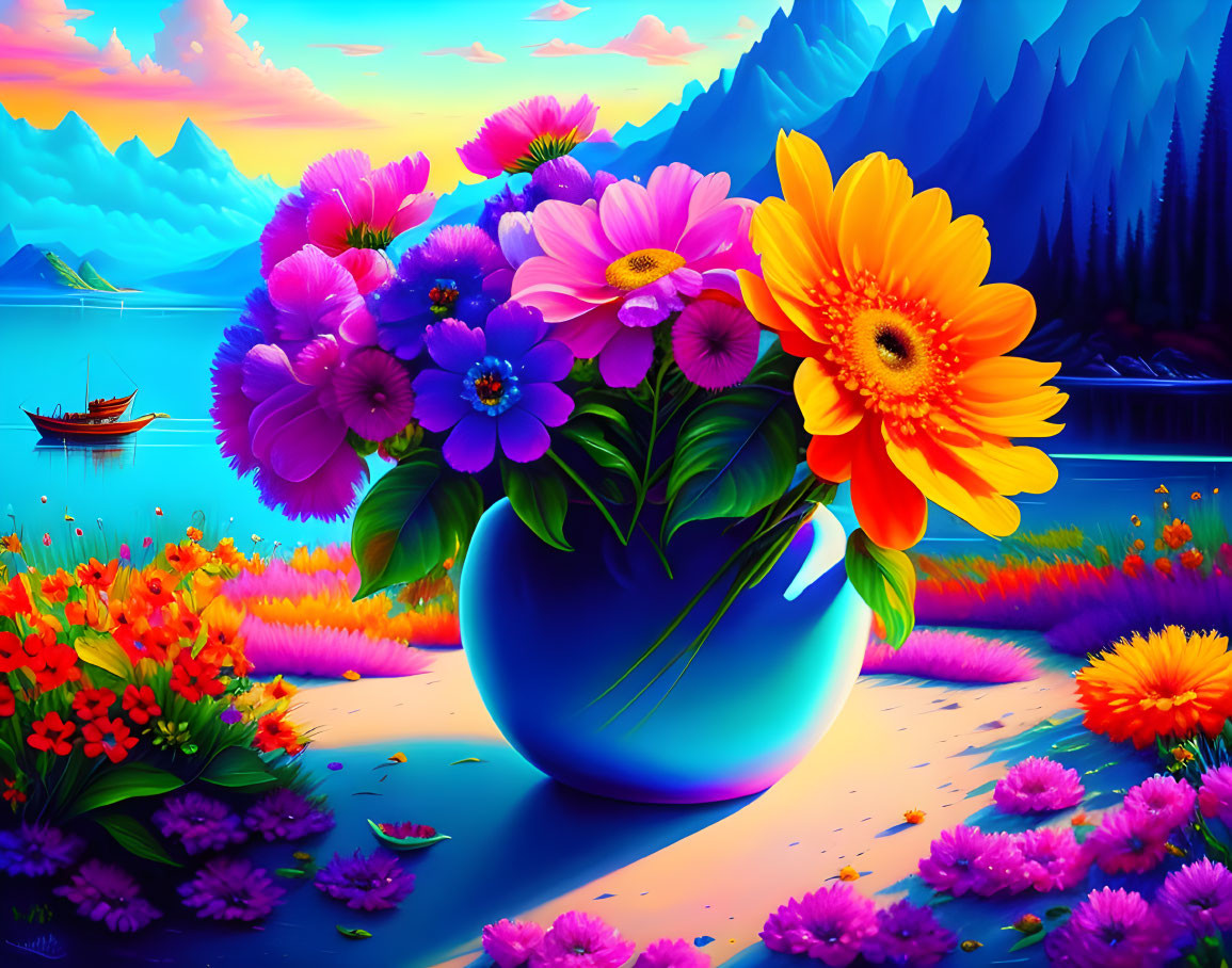 Colorful flowers in blue vase with lake and mountains background