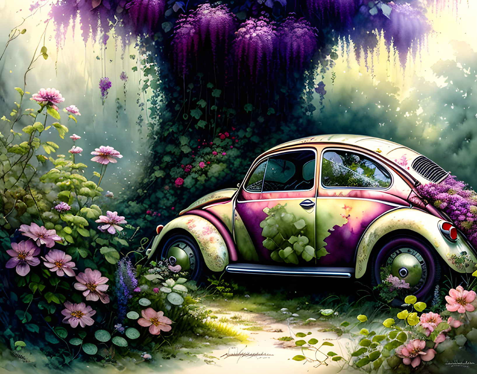 Illustration of Volkswagen Beetle car surrounded by lush greenery and vibrant flowers