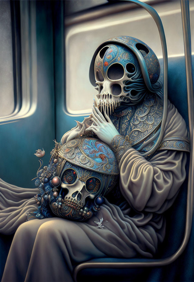 Surreal skeleton illustration in subway car with ornate patterns and small creatures