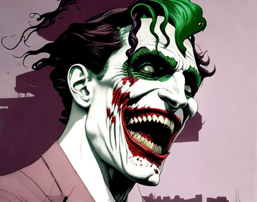 Sinister Joker illustration with wide smile, green hair, and purple suit