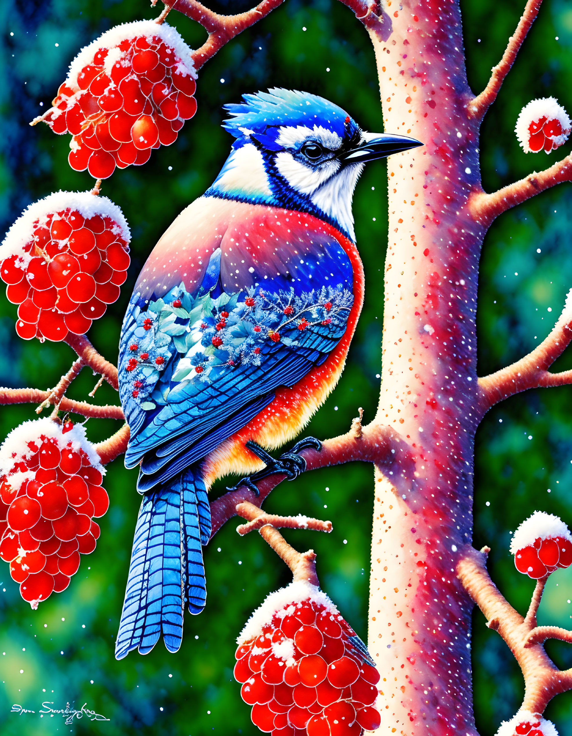 Detailed illustration of blue jay on frost-covered branch with red berries in snowfall