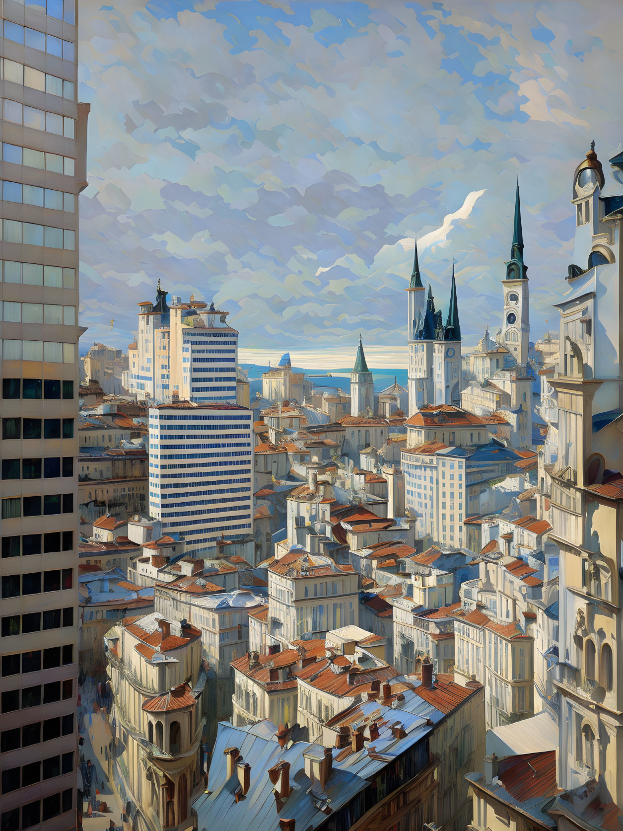 Detailed cityscape painting with diverse architecture and warm tones.