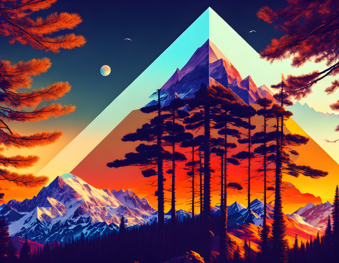 Colorful digital artwork: Mountain range in triangular frame against sunset sky.