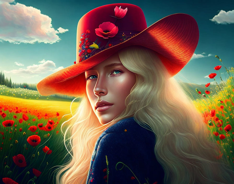 Blonde woman with red flower hat in poppy field