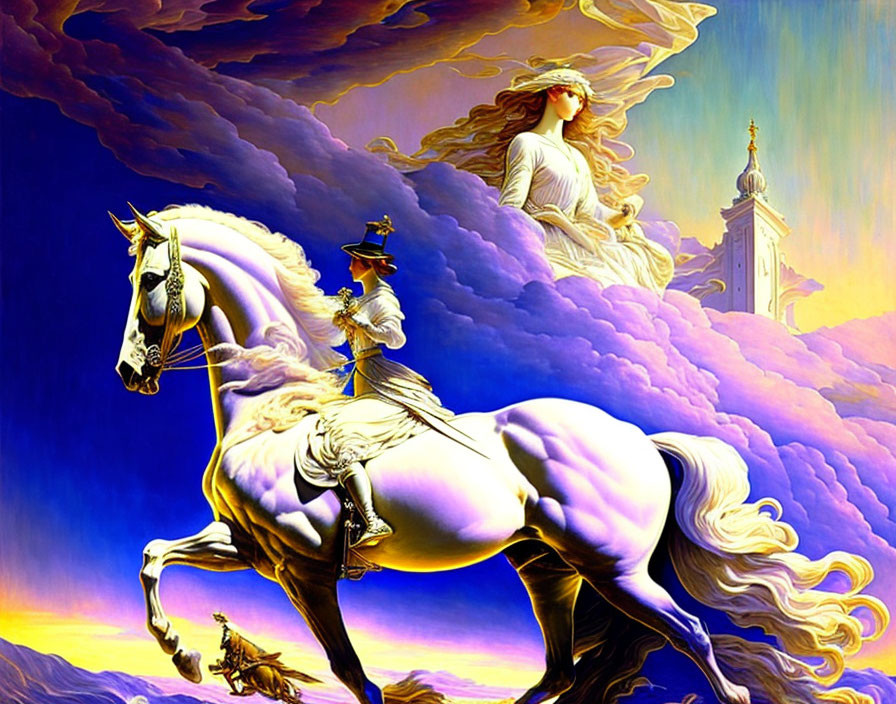 Surreal painting: Woman on white horse in cloud & tower backdrop