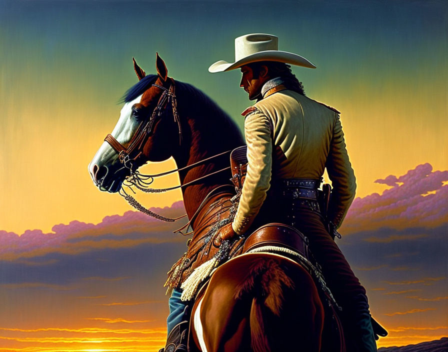 Cowboy in white hat on brown horse under vibrant sunset sky