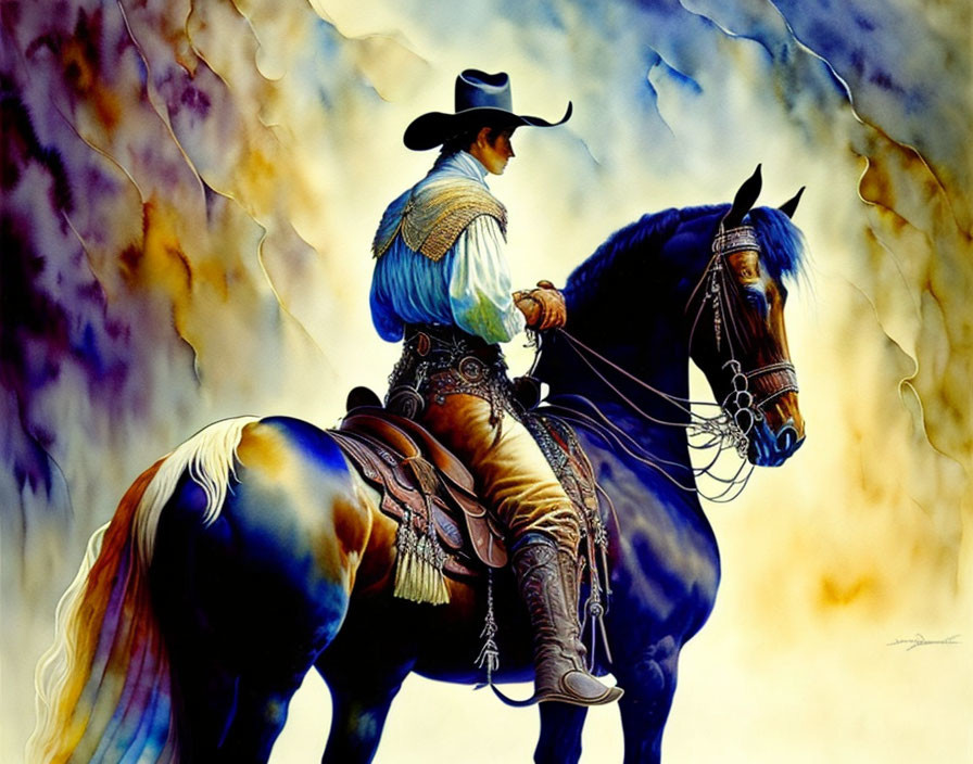 Traditional Cowboy on Brown Horse with Decorative Harness in Colorful Setting