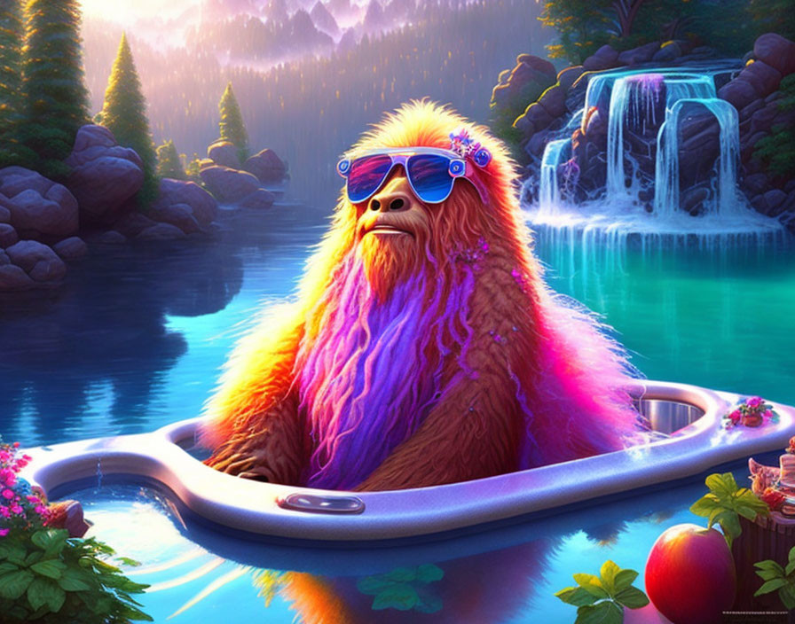 Colorful Furry Creature Relaxing in Bathtub Artwork with Waterfall Landscape