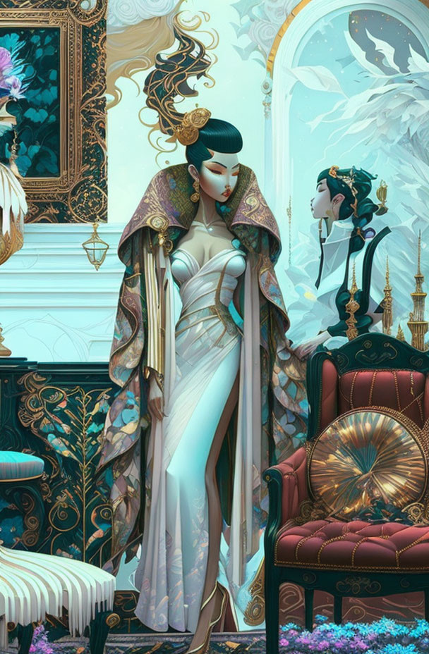 Digital artwork featuring two women in ornate, fantasy setting with peacock motif