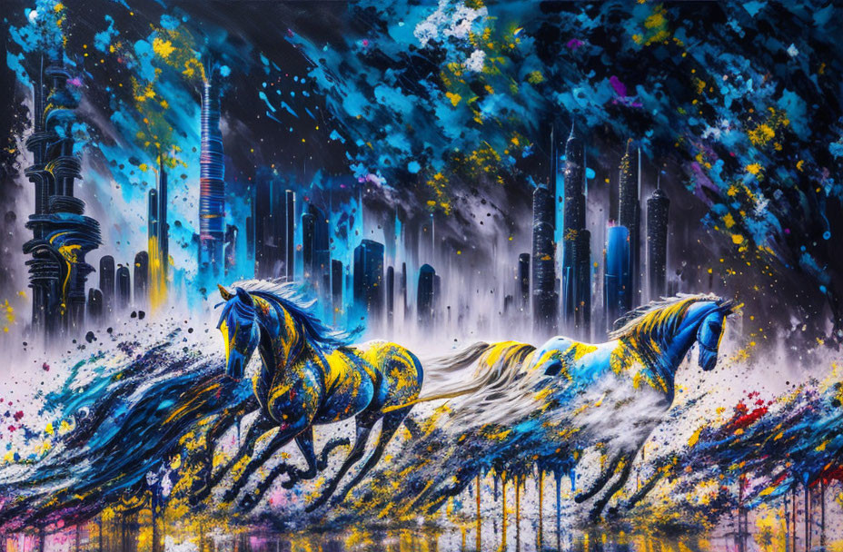 Colorful abstract painting: Two running horses against futuristic cityscape.