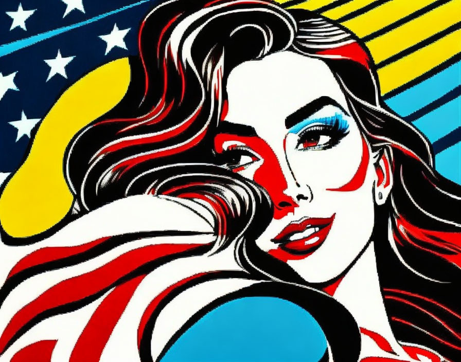 Vibrant pop art woman with flowing hair in American flag motif