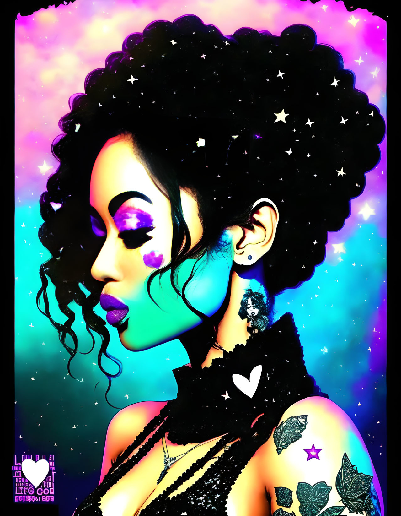 Colorful digital artwork: Woman with afro in cosmic theme, stars and space elements, nebula