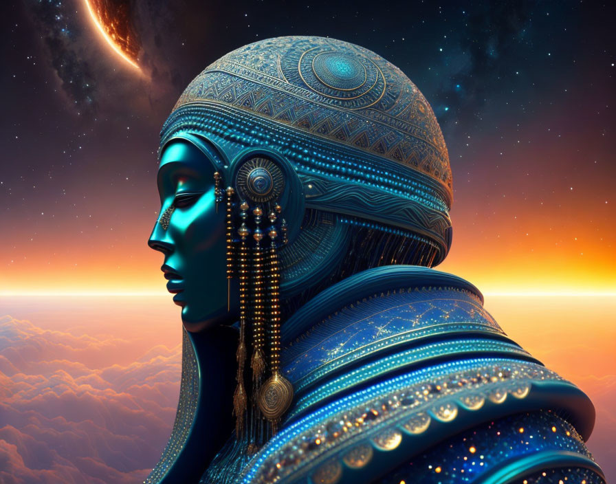 Stylized metallic female figure with intricate designs overlooking surreal horizon