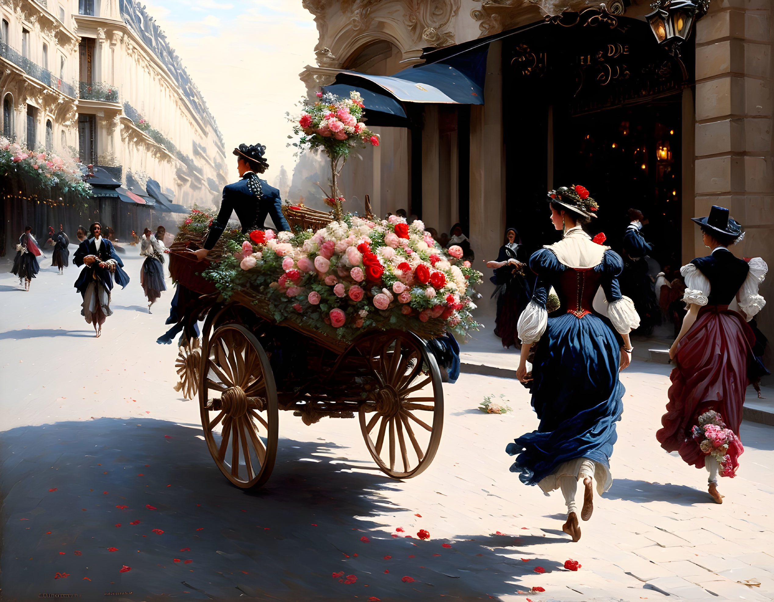 Period Attire Street Scene with Rose Cart and Petals on Cobblestones