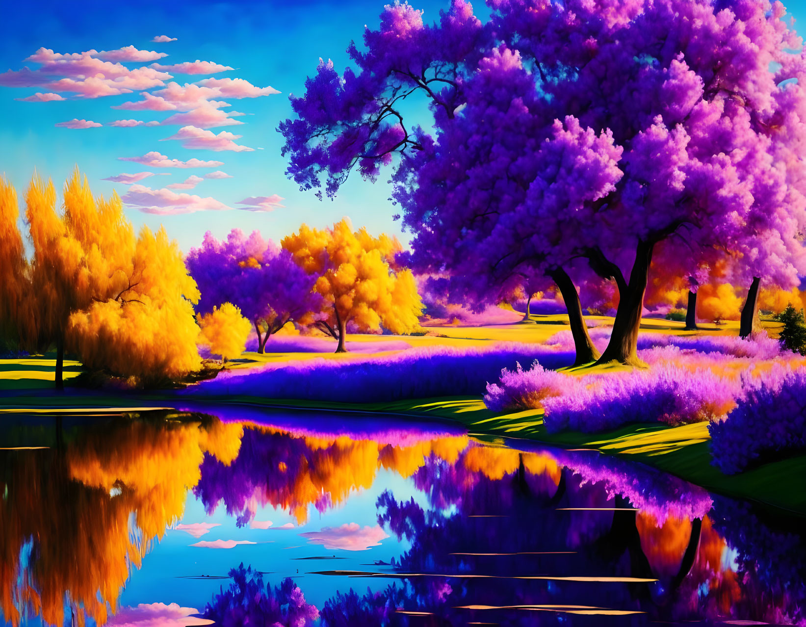 Colorful landscape with purple tree, golden foliage, and reflective lake under blue sky.