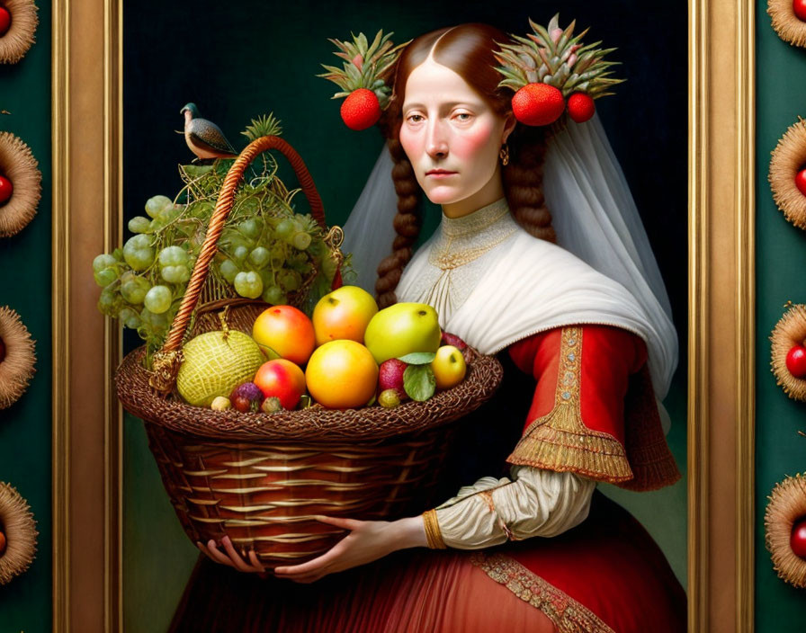 Renaissance woman with fruit basket and bird in hair symbolizes abundance