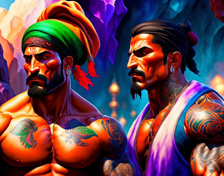 Muscular animated characters with tattoos in turbans against colorful abstract backdrop