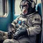 Digital artwork of astronaut chimpanzee holding baby monkey with rocket launch.