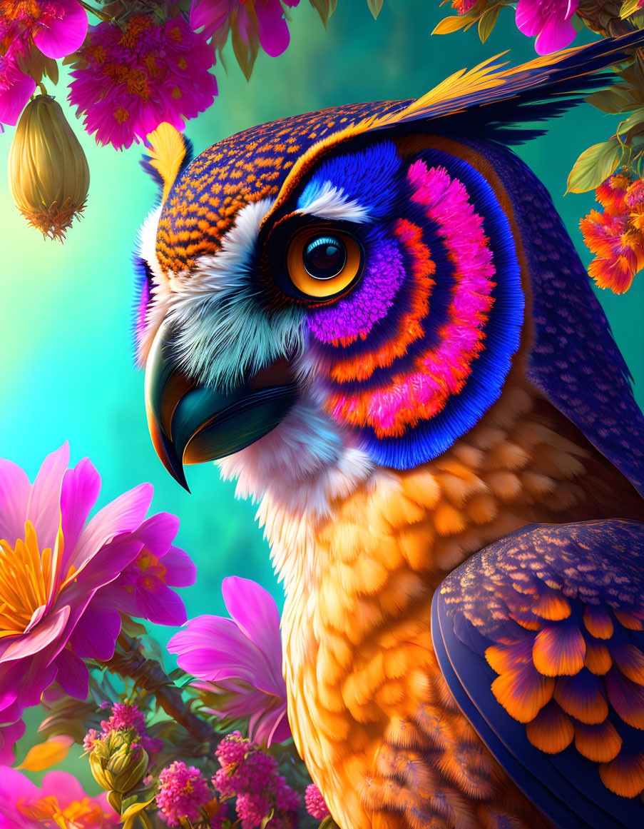 Colorful Stylized Owl Illustration with Floral Background