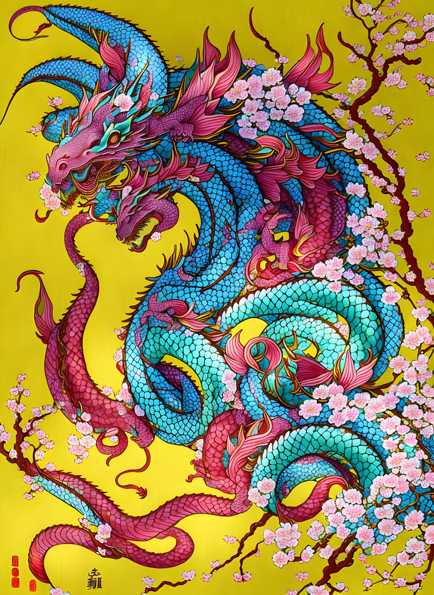 Colorful Dragon Illustration Among Cherry Blossoms on Yellow Background