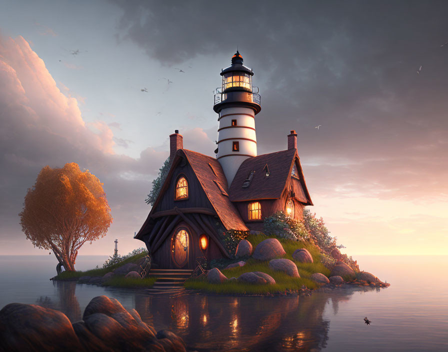 Tranquil sunset scene of thatch-roofed house and lighthouse on small island