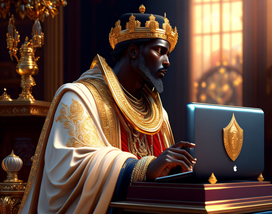 Regal figure in golden crown and royal robes using laptop in luxurious room