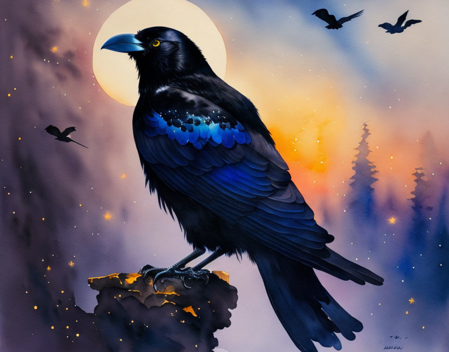 Majestic raven perched on crag under full moon