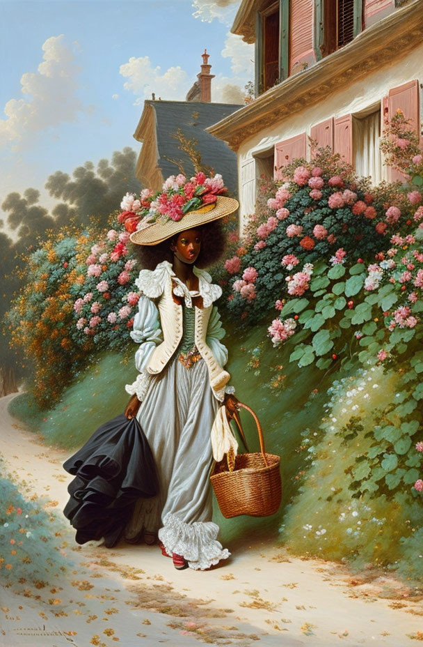 Victorian woman in floral hat by rose-covered house with basket