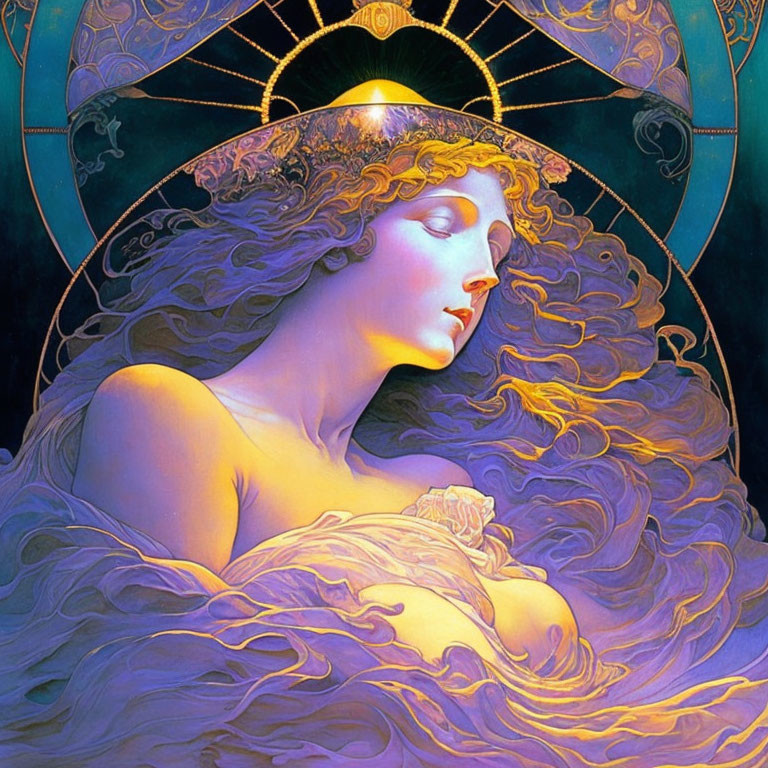 Art Nouveau style portrait of a woman with flowing hair and celestial background