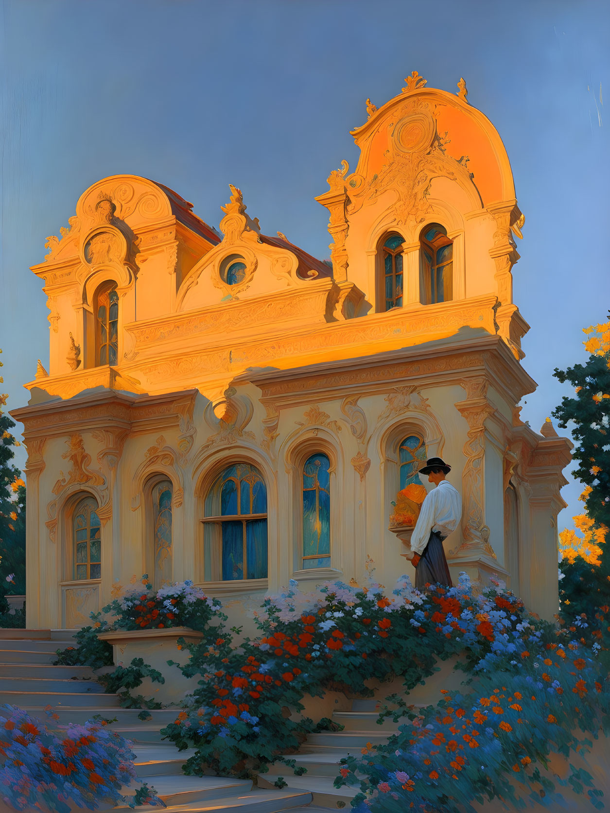 Person on flower-adorned balcony gazes at sunset-lit classical building.