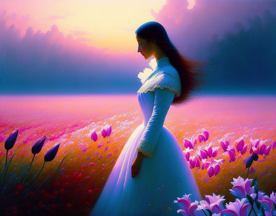 Woman in Blue Dress Surrounded by Tulips at Sunset