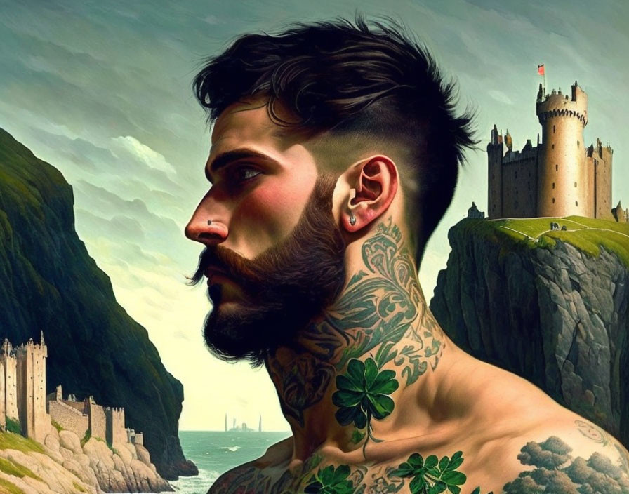 Bearded man with tattoos and earring, profile view, surreal castle cliffs in background