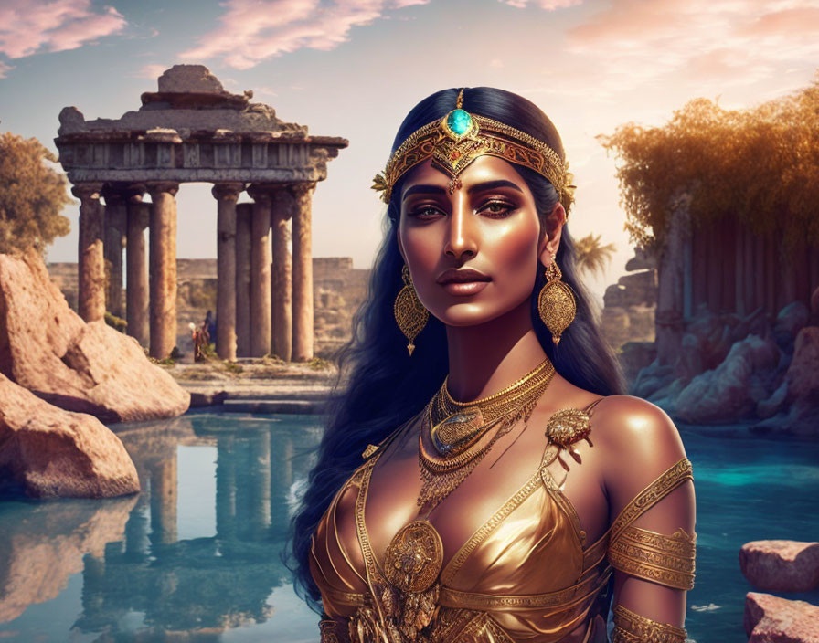 Golden jewelry adorned elegant woman with historical temple and oasis.