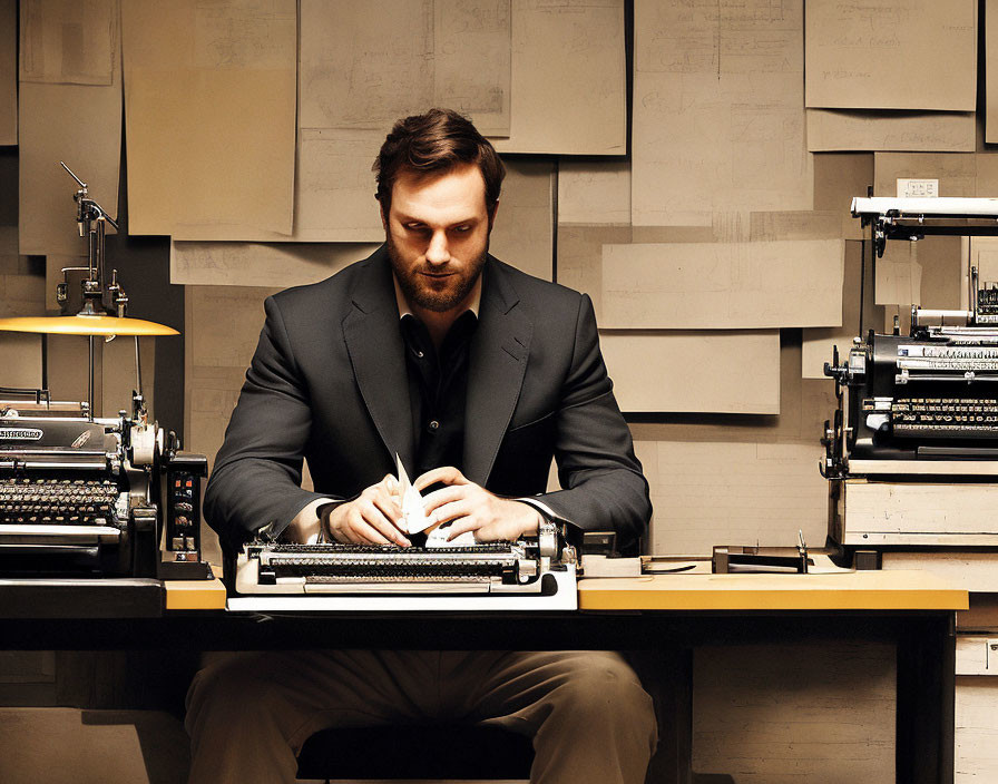 Person typing on vintage typewriter in office setting with multiple typewriters and papers